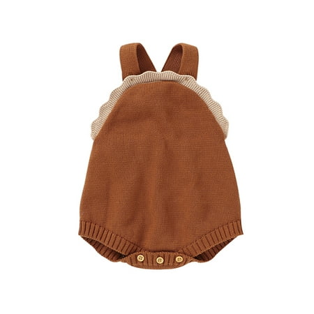 

Baby Girl’s Casual Knitted Suspender Romper Solid Color Flounce Button Triangle Jumpsuits