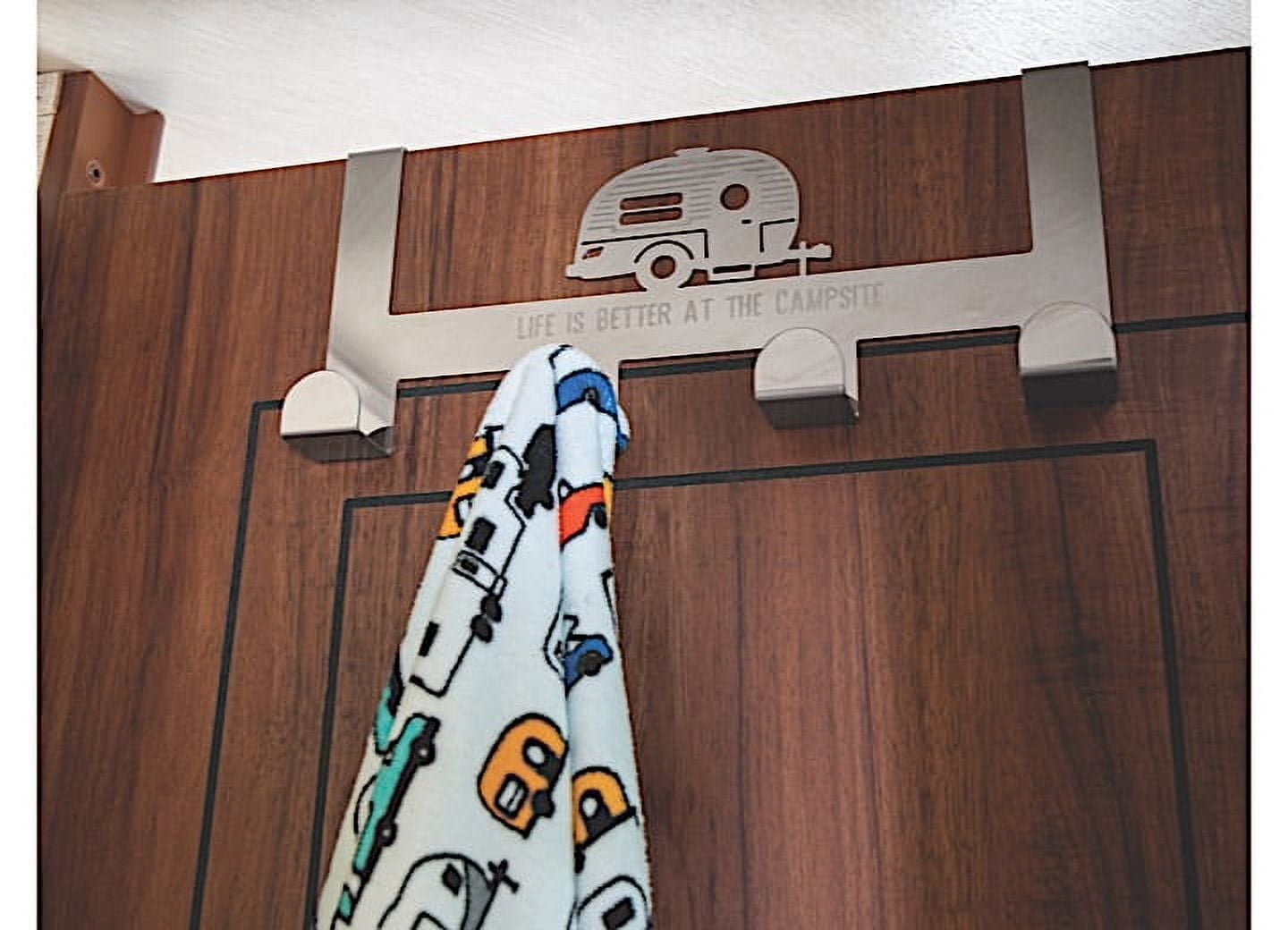Camco Life is Better at The Campsite Camper/RV Over-the-Door Towel Hanger | Convenient to Use & Fits Up to 1-1/2-Inches Thick Standard Interior Doors (53388)