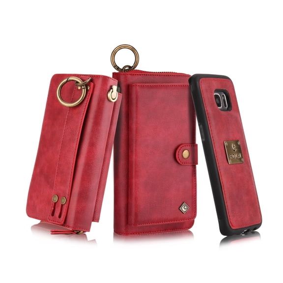 Galaxy S7 Wallet Case, Allytech Girls Women Magnets Detachable Zipper Wallet Case Cover PU Leather Folio Flip Holster Carrying Case Card Holder for Samsung Galaxy S7, Red