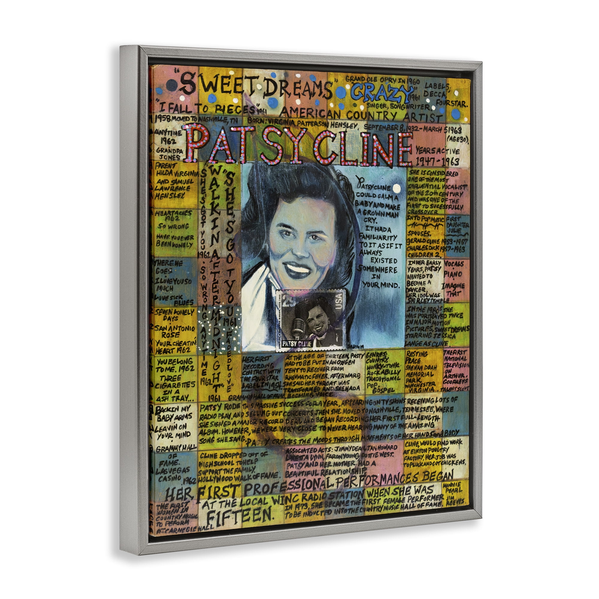 Stupell Industries Patsy Cline Collage People Drawing Gray Floater Framed Canvas Art Print Wall Art, 25 x 31