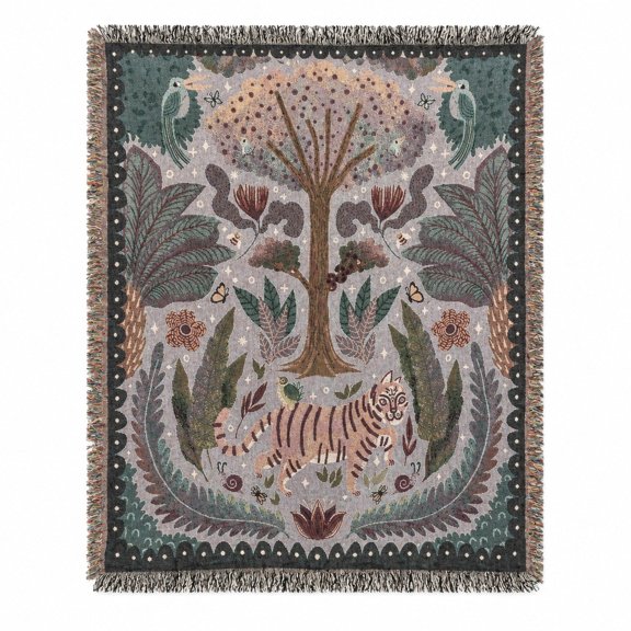 Folk Art Tiger and Botanical Teal Woven Blanket, 100% Cotton, Nature-Inspired Home Decor