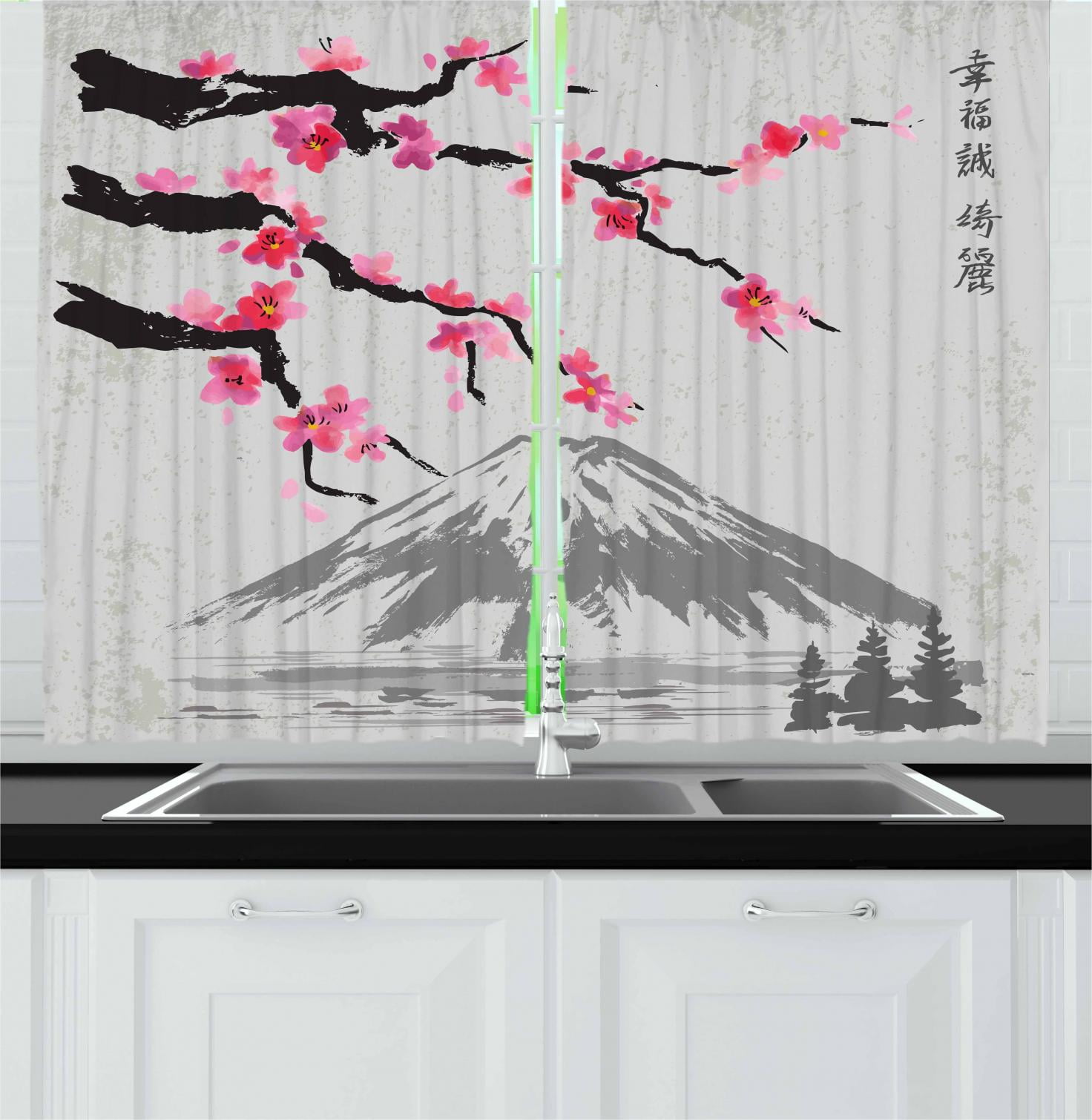 Japanese Curtains 2 Panels Set Greyscale Grunge Background With Fujiyama Mountain And Cherry Blossoms Window Drapes For Living Room Bedroom 55w X