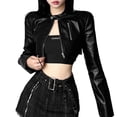 thumbnail image 2 of Black Classic Round Neck Irregular Hem Zipper Stitching Short Women'S Pu Faux Leather Jacket Black S, 2 of 9