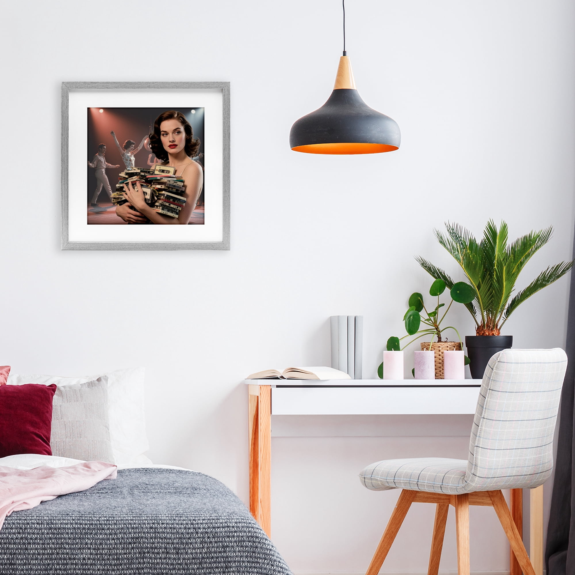 Stupell Industries Woman Holding Vintage Cassette Collection Gray Framed Print Under Glass, design by CAD Designs