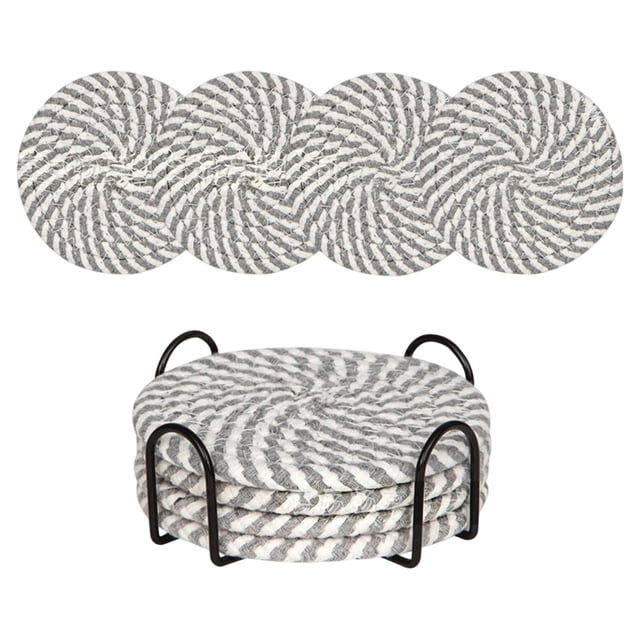 4Pcs Coaster With Metal Holder, Solid Woven Coaster, Drink Coasters With Holder, Cotton Woven Absorbent Coasters for Drinks, Minimalist Home Decor Coaster Set for Wooden Tabletop Protection Table, B