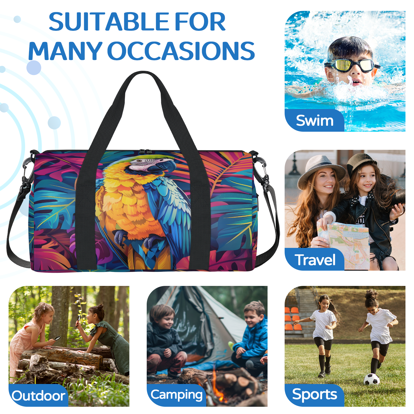 Herdesigns Parrot Travel Duffle Bag Sports Yoga Weekender Overnight Carry on Workout Bags Lightweight Waterproof Gym Tote Bag for Women Tropical Palm Leaves