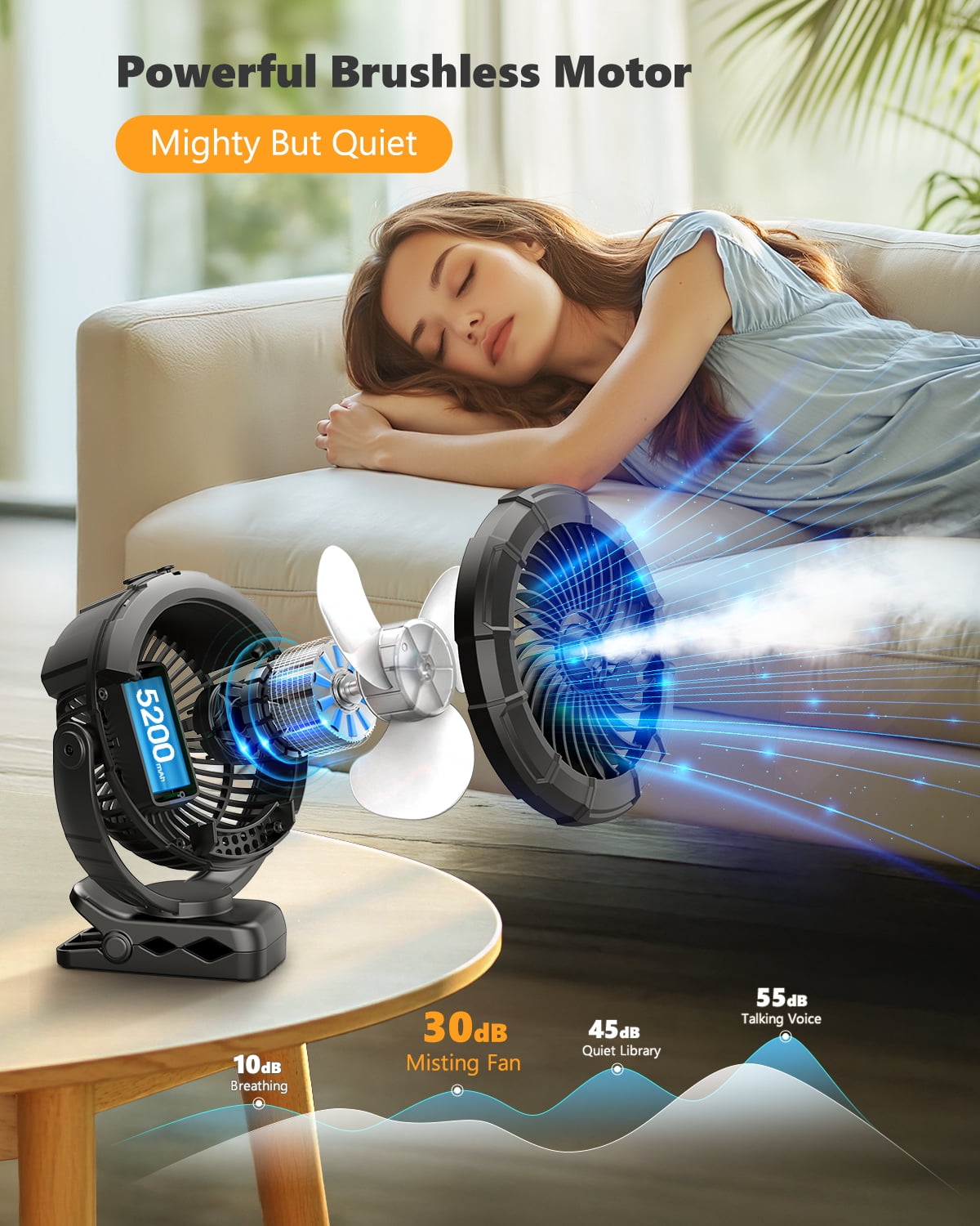 JINLICTE Portable Misting Clip on Fan with 5200mAh Battery, 3 Speeds & LED Light - 360° Rotation Mist Cooling Fan for Stroller, Camping, Outdoor Use - Rechargeable