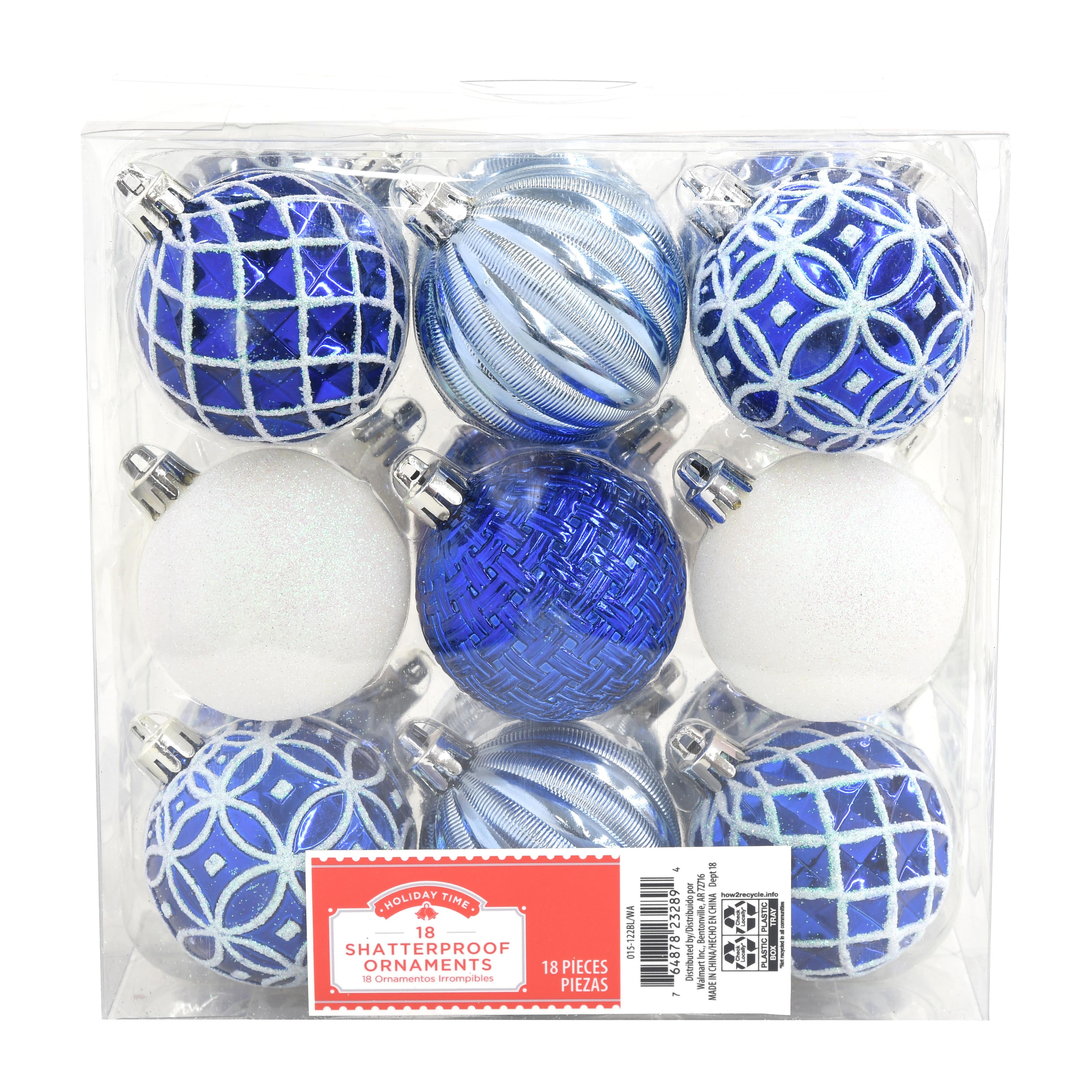 Holiday Time Shatterproof Ornaments, Blue & White, 18 Count