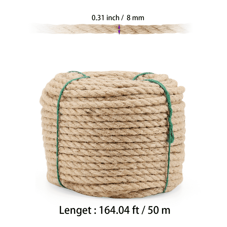 SEUNMUK 5/16 in x 164 ft Natural Jute Rope, 8 mm x 50 m Twisted Hemp Rope,  ThickJute Rope Manila Rope for Craft DIY