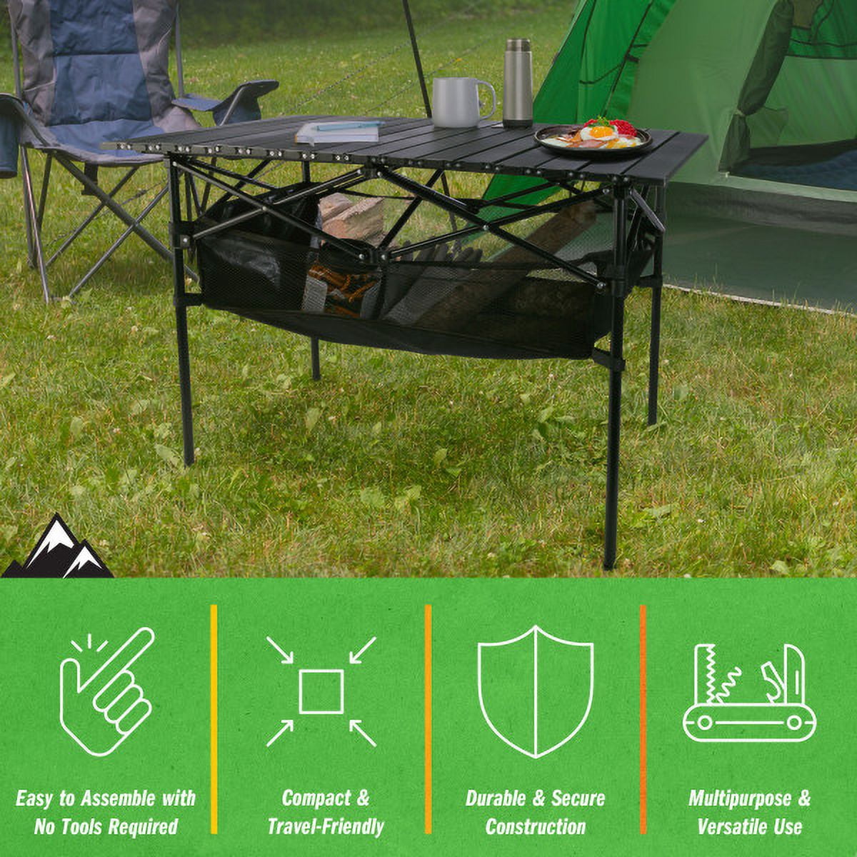 Wakeman Outdoors Camping Table with Storage Shelf and Carrying Bag, Black