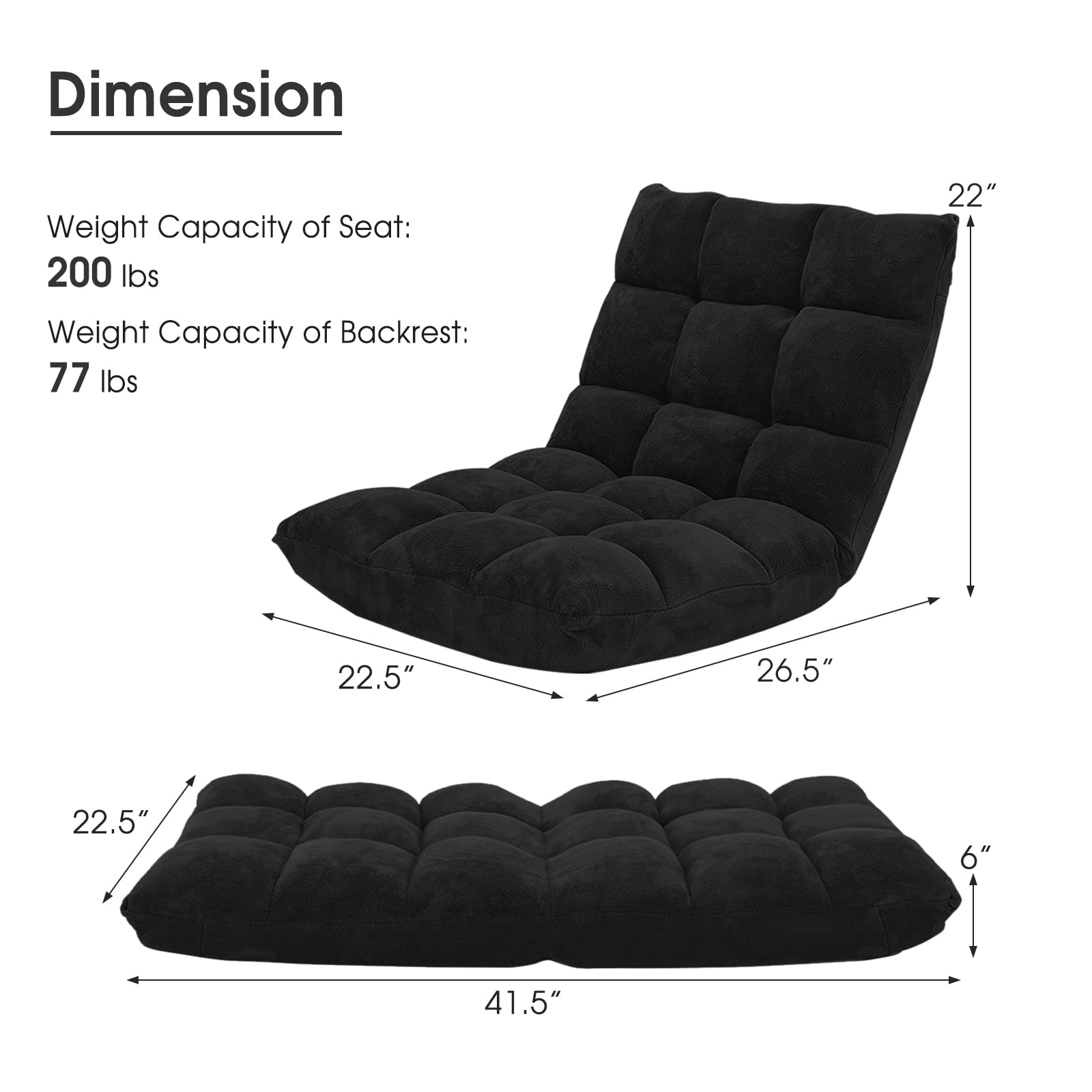 Topbuy Adjustable 14-Position Floor Chair ,Padded Gaming Chair Lazy Recliner Black