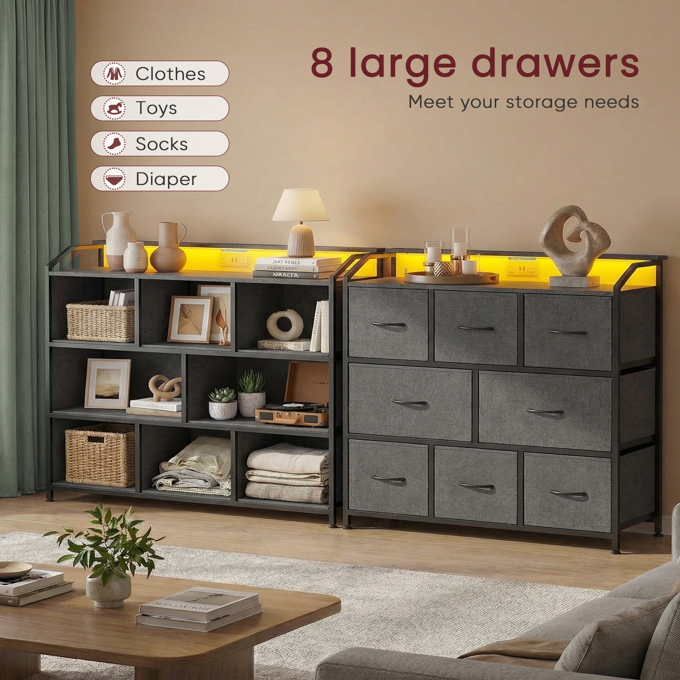 edx 8-Drawer Fabric Dresser with Power Outlets & LED Light, Multifunctional TV Stand Storage Cabinet for Bedroom, Living Room, Office & Hallway, Gray