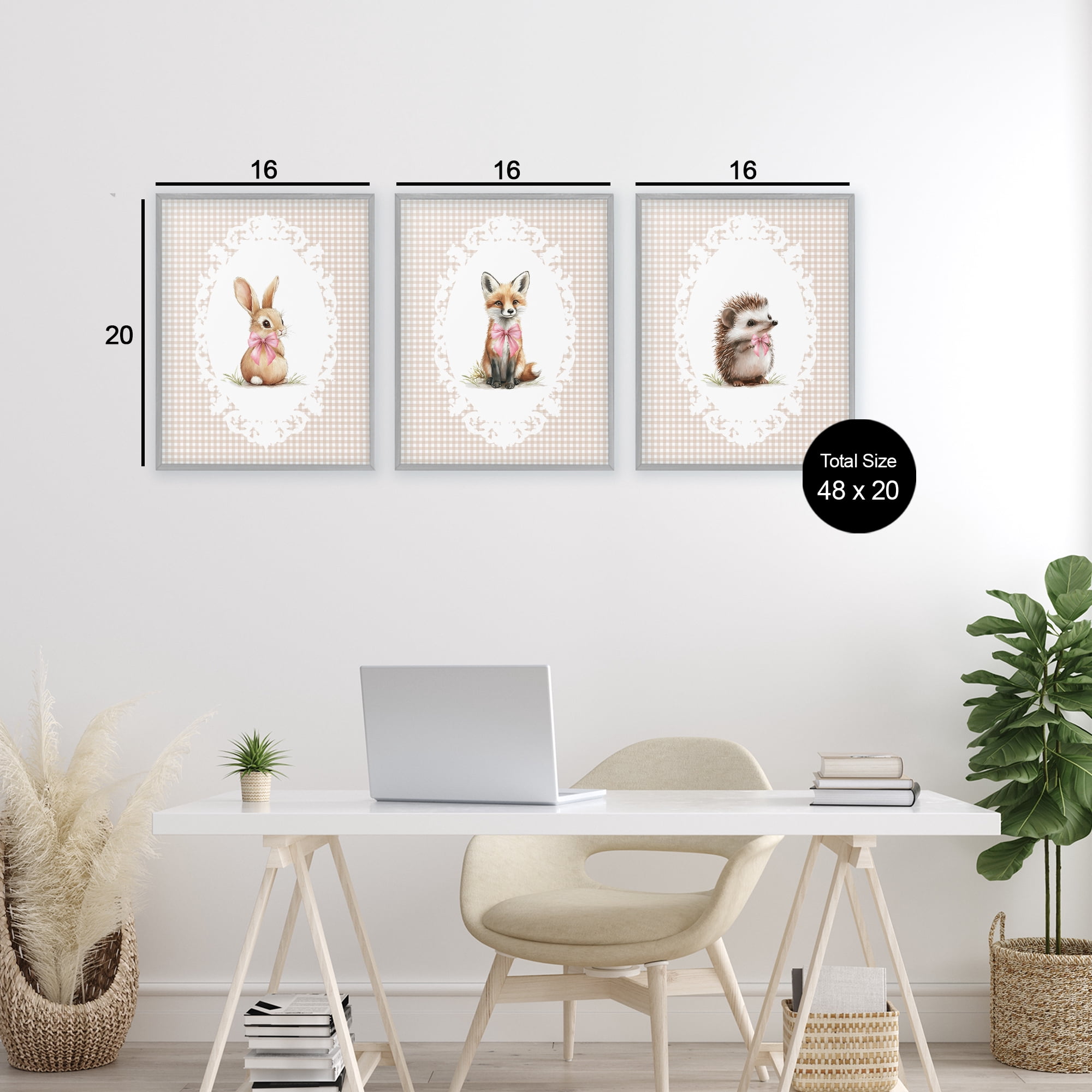 Stupell Industries Vintage Baby Bow Animals 3 Piece Gray Framed Giclee Art Set, design by Christine Simpson Art