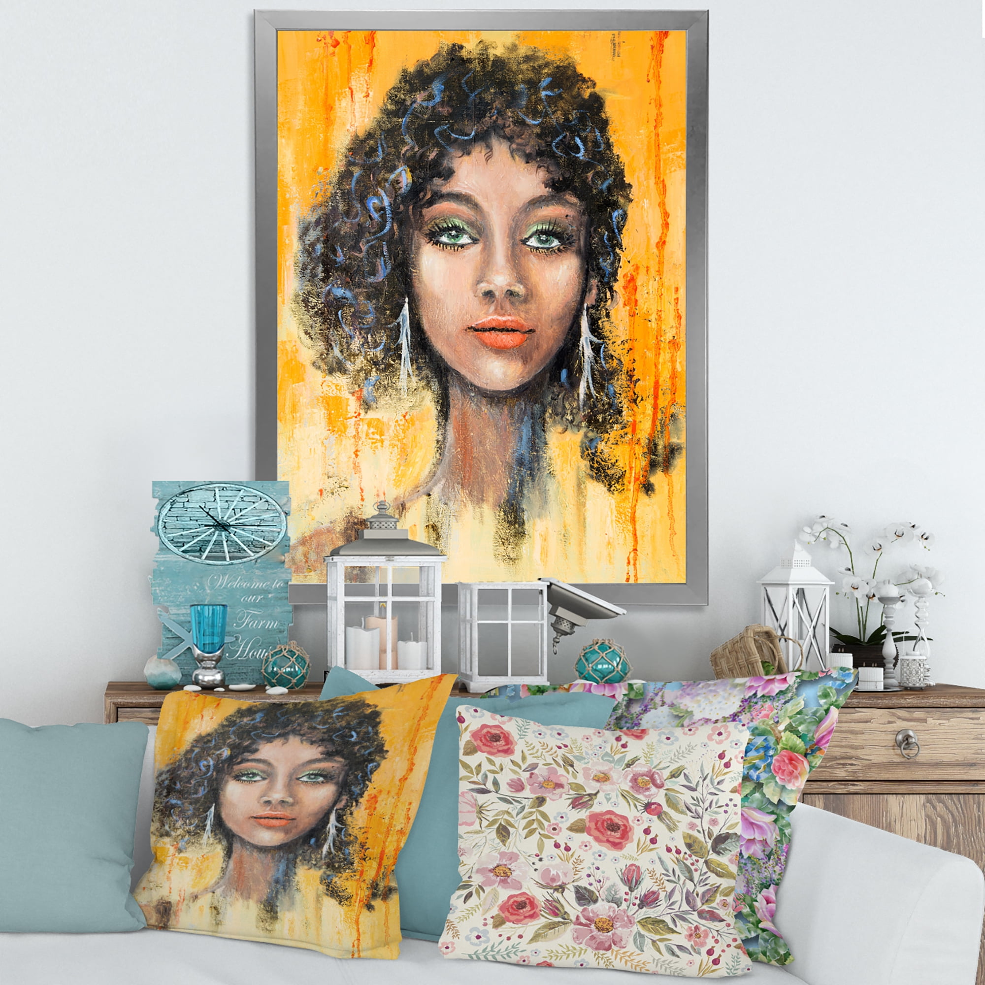 Designart 'Girl Face With Green Eyes & Black Hair Impression' Modern Framed Art Print