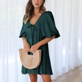 thumbnail image 3 of Gspmoly Robes d'Été pour Femmes 2025, Robe Décontractée pour Femmes à la Mode, Couleur Unie, Manches Bouffantes, Manches Courtes, Col en V, Robes de Soirée pour Femmes Économies d'Été, 3 of 8
