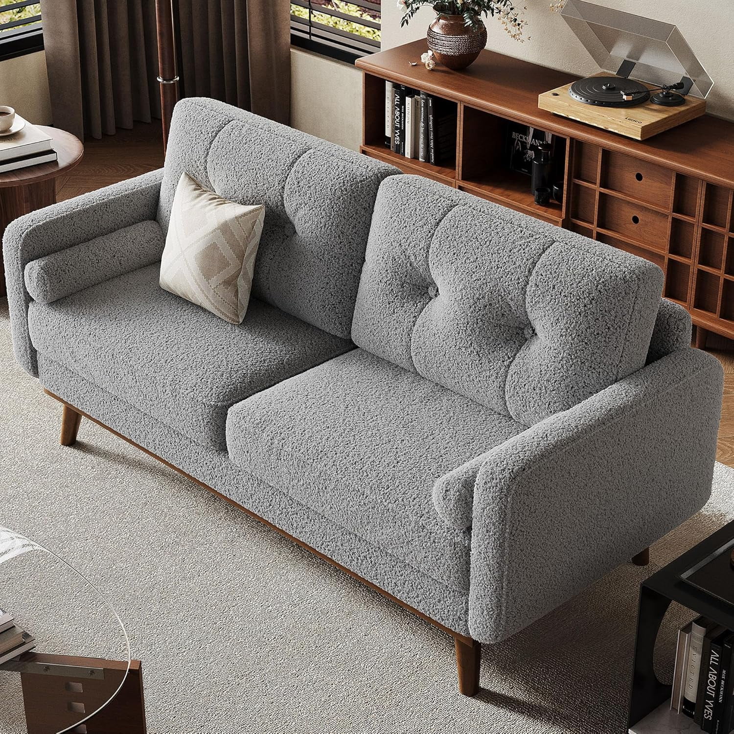 IdealHouse 65" Loveseat Sofa, Mid Century Modern 2-Seater Couch, Teddy Fleece Boucle Upholstered, Deep Seat Love Seat for Living Room, Bedroom, Grey