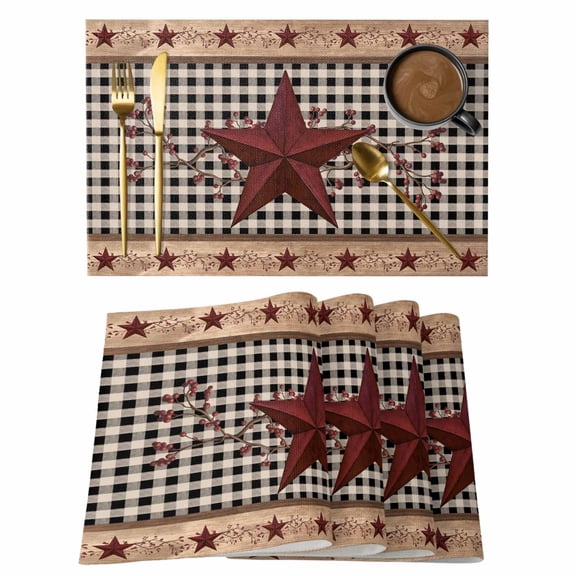 Placemats Set of 4, Red Texas Star Farmhouse Woven Placemat, Linen Place Mats for Kitchen/Dining Tables, Black Plaid Berry Country Washable Table Mats for Party