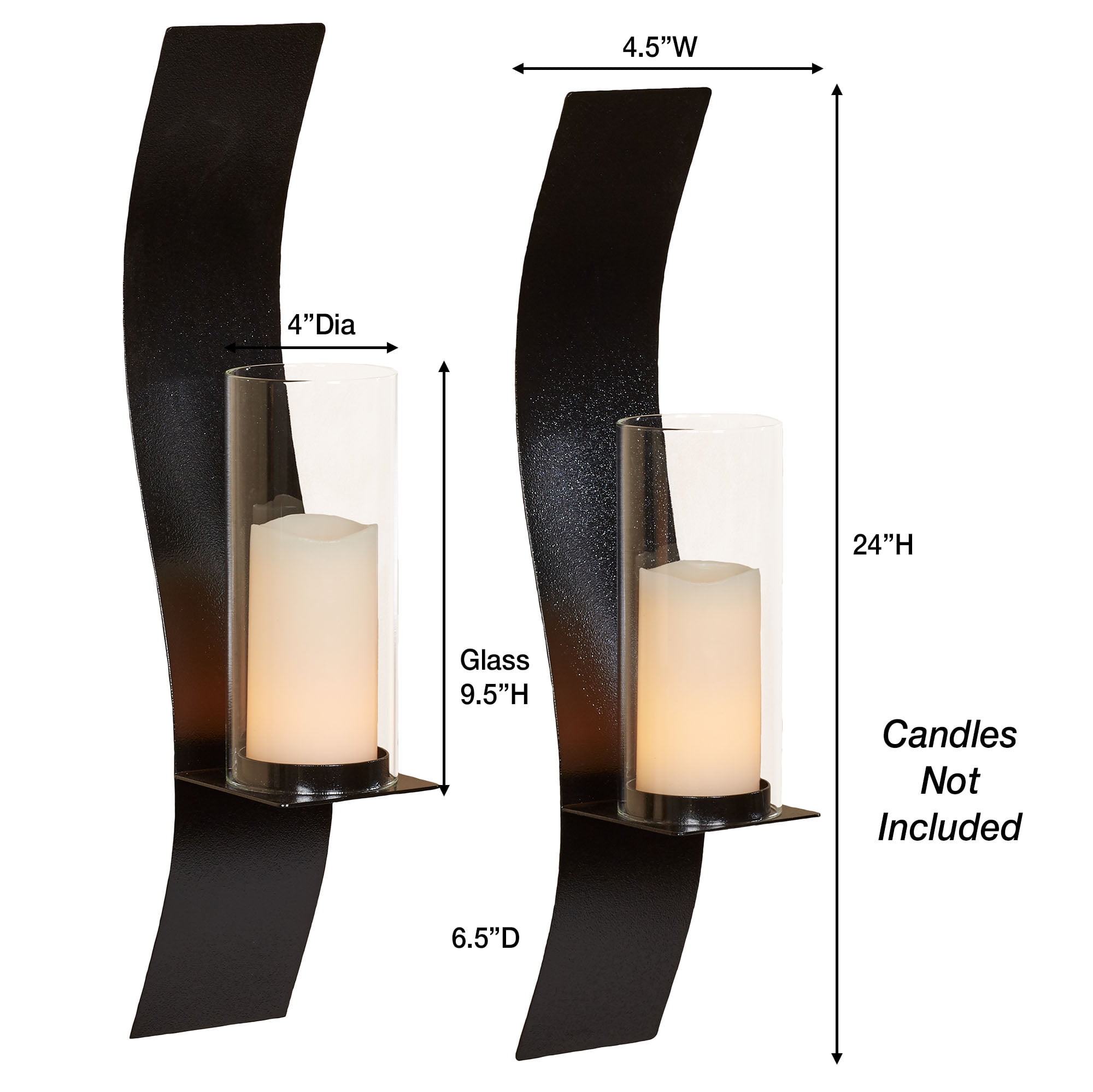 Sinuous Wall Sconce Pair Black - Handcrafted Steel - Glass Hurricane - Set of 2 - Metal Sconces Holder for Bedroom, Bathroom, Living Room, Kitchen Walls Small 24 Inches High