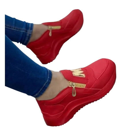 Oyedens Wedge Walking Shoes for Women Fashion M Letter Zipper Slip on Loafers Casual Work Sneakers