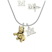 Gold Tone 3-D Elephant - M Initial Charm Necklace and Stud Earrings Jewelry Set