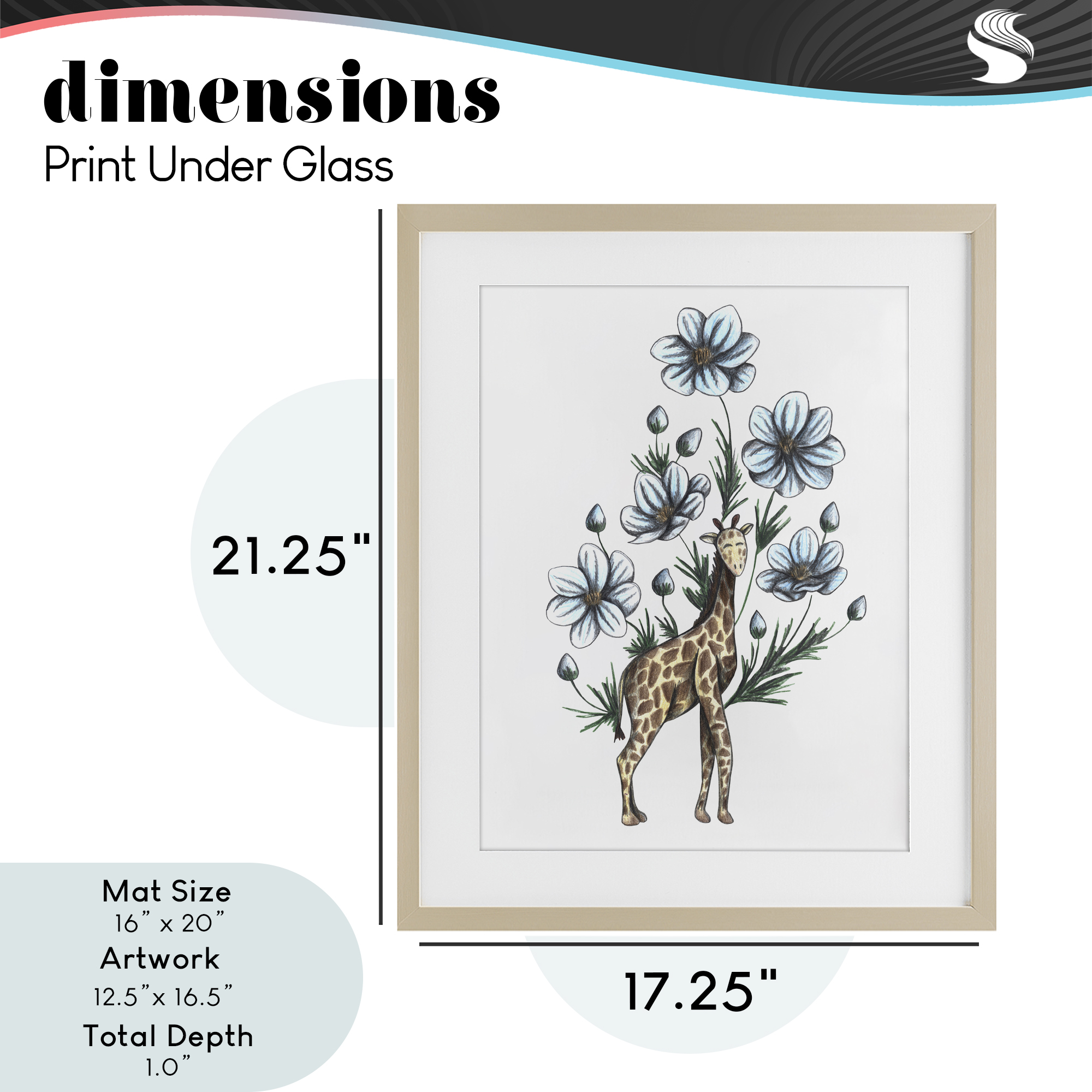 Giraffe with Flower Blossoms Birch Framed Print Under Glass, design by Cecilia Battaini