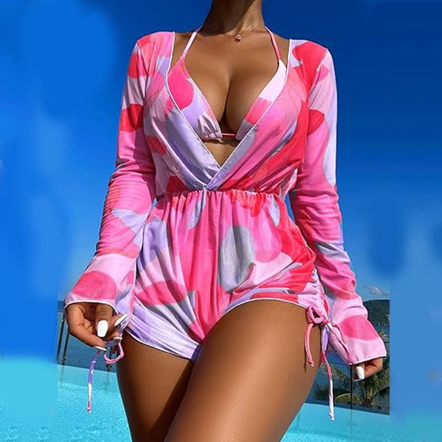 Daisyyozoid Swimsuits for Women Clearance 3 Piece Fashion Print Halter Drawstring Side Bikini Set With Cover Up