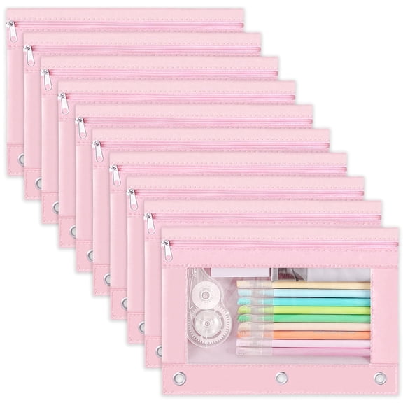 Pencil Pouch for 3 Ring Binder,Large Zippered Binder Pocket Bag with Clear Window,3-Hole Binder Organizer Pouches for Home Office Organization,Bills Receipts Stationery Storage,10 Pack Pink