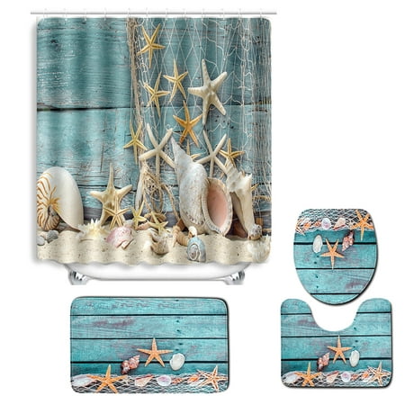 4pcs/set Summer Beach Conch Starfish Printed Pattern Bathroom Decoration Water-resistant Shower Curtain Pedestal Rug Lid Toilet Cover Mat Non-slip Bath Mat (Best Non Slip Shower Mat)