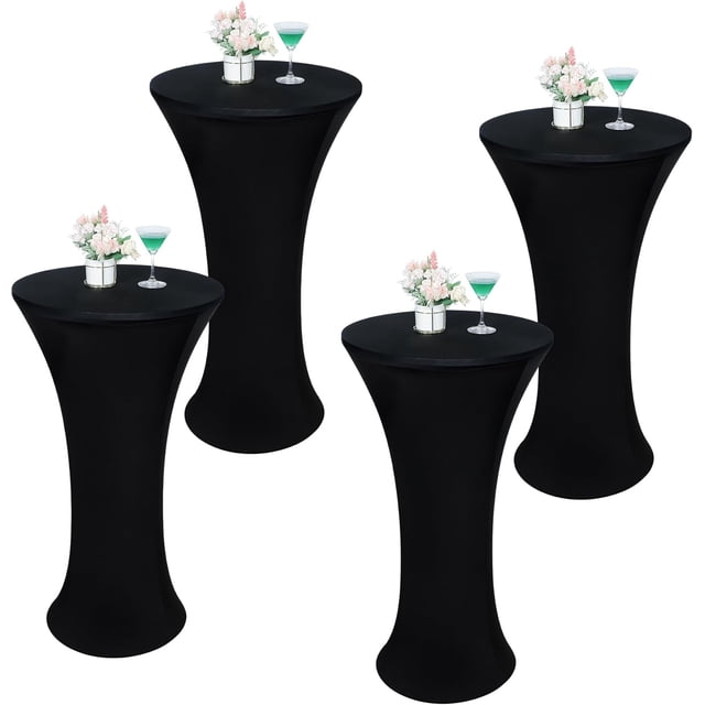 4 Pcs Nappe de Cocktail Ronde Noire 32x43 Pouces, Ajustée, Extensible, Housse de Table de Cocktail pour Banquet, Bar, Fête, Pub, Mariage, Intérieur Extérieur