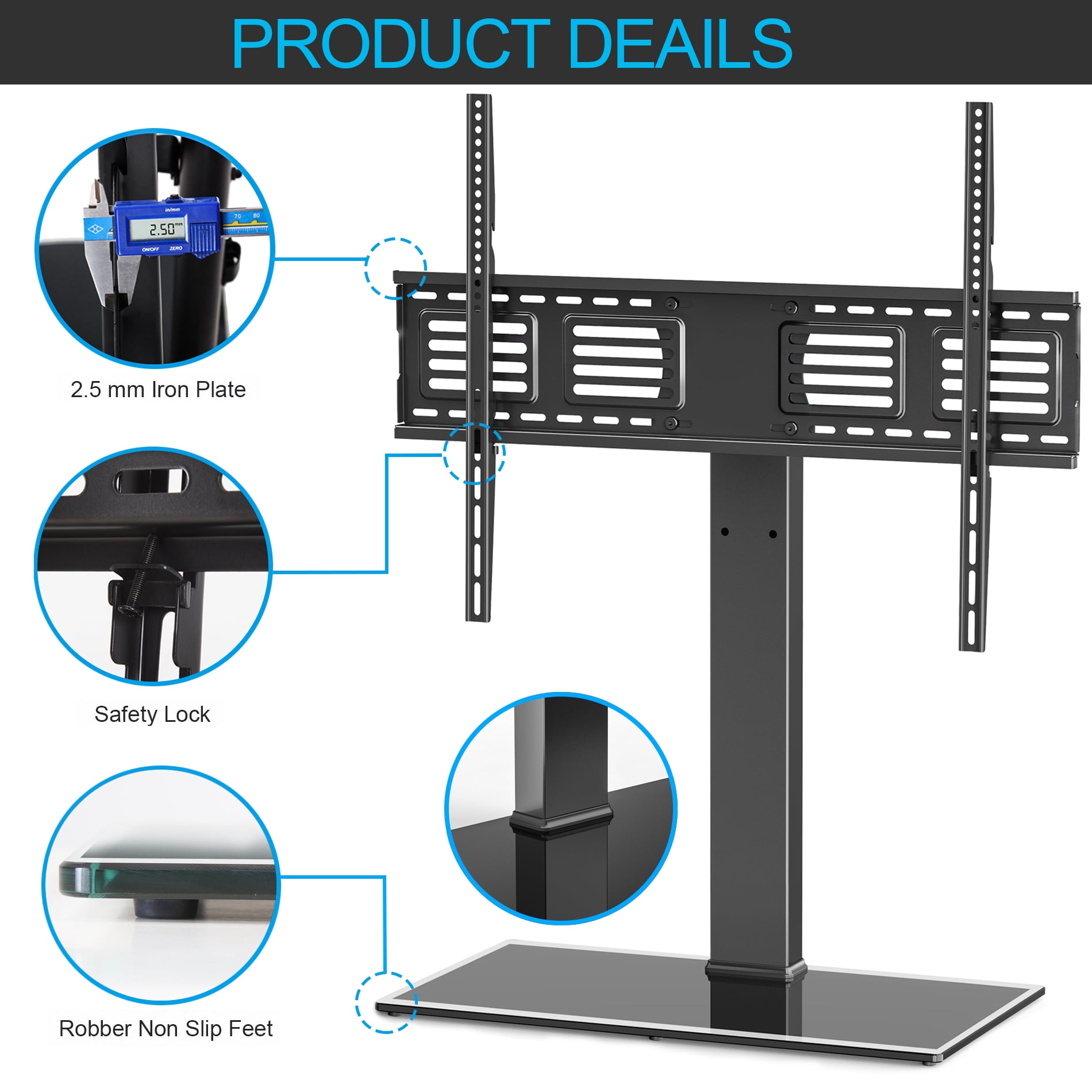 FITUEYES Universal TV Stand/Base Swivel Tabletop TV Stand with Mount for 50 to 80 inch Flat Screen TV 100 Degree Swivel, 4 Level Height Adjustable,Tempered Glass Base,Holds up to 143 lbs Screens