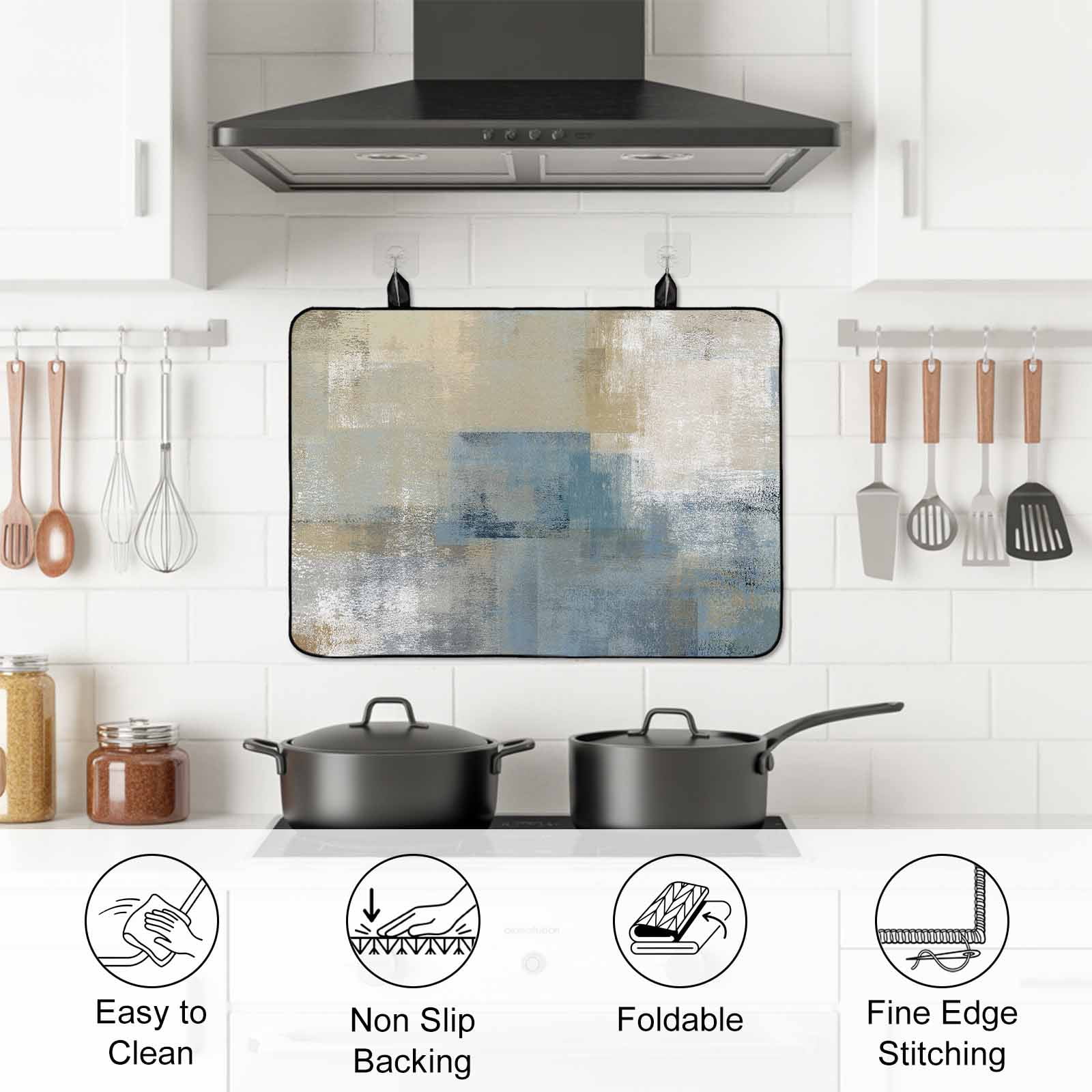 Blue Grey Beige Stove Top Cover for Electric Stove, Heat-proof & Non Slip Glass Top Stove Cover Protector, Abstract Modern Art Oil Painting Kitchen Flat Cooktop Rubber Mat 24x21 Inches
