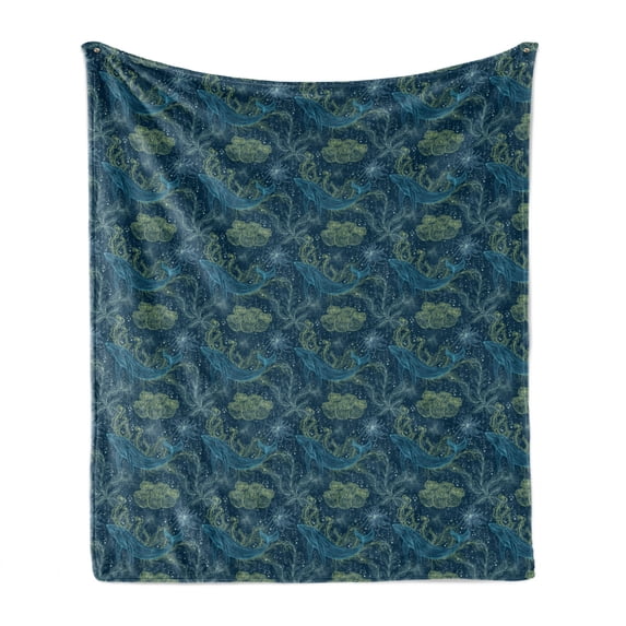 Whale Soft Flannel Fleece Throw Blanket, Hand Drawn Marine Fauna and Flora Sketch Abstract Seaweeds and Whales, Cozy Plush for Indoor and Outdoor Use, 60" x 80", Indigo Sea Green Blue, by Ambesonne