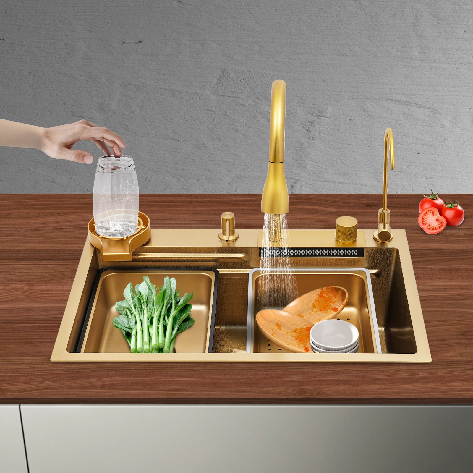 Kitchen Sink, Sink, 68cm Gold Utility Sink, 201 Stainless Steel, Brushed Finish, Elegant, Fast Drainage in Corner, Large Deep Bowl, Nested Basket for Rinse Thaw, Rustproof, Impact Durable