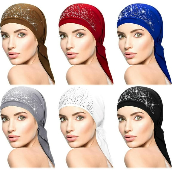 6 Packs Rhinestone Head Scarf Stretchy Head Wrap Women Bandana Beanie Pre Tied Durag Turban Cap Skull Cap Headbands