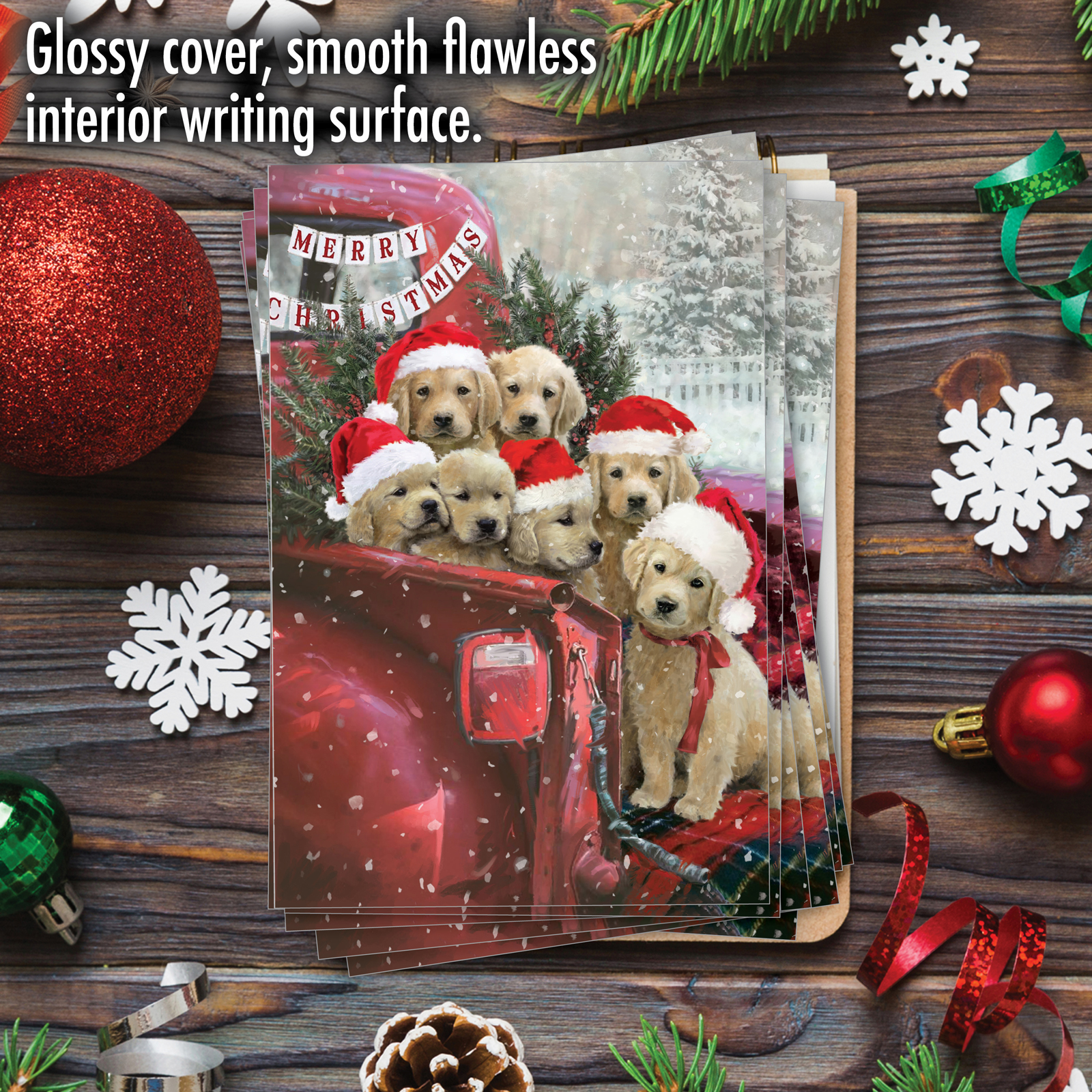 The Best Card Company 12 Christmas Greeting Cards Boxed Set with 5 x 7 Inch Envelopes (1 Design, 12 Each) Red Truck Puppies-Goldens C3375BXSG-B12x1