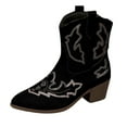 thumbnail image 6 of Womens Retro Cowboy Boots Vintage Suede Embroidered Wide Mid Calf Cowgirl Boots Chunky Heel Slip on Short Dress Booties for Winter Fall Black Size 6, 6 of 7