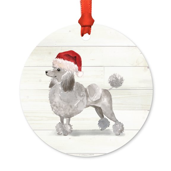 Grey Poodle with Santa Hat, Includes Ribbon and Gift Bag