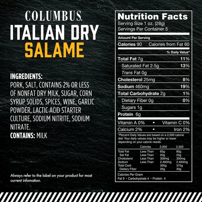 COLUMBUS Italian Dry Pork Salami, Sliced Charcuterie Meat, Serving size 28  g, Protein 6 g, 5 oz Plastic Pack
