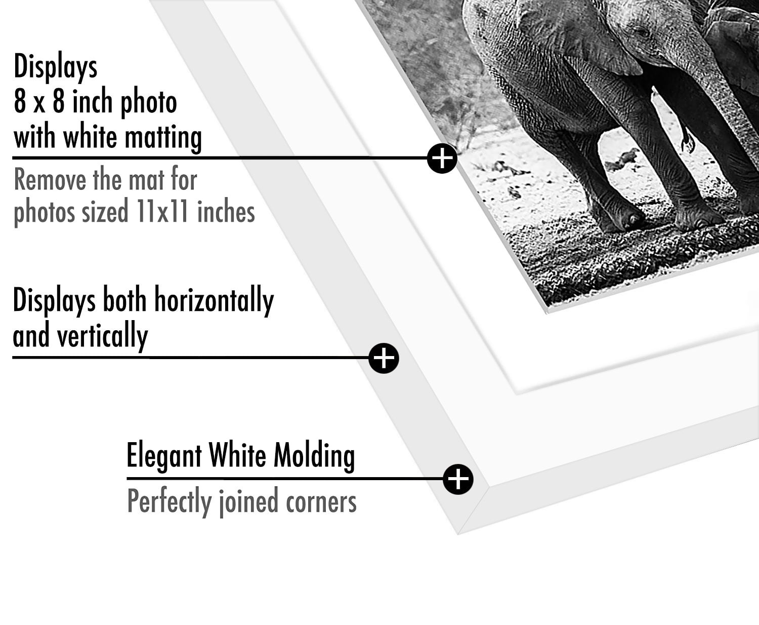 11 x 11 Black Picture Frame - Displays Photos 8 x 8 with Mat