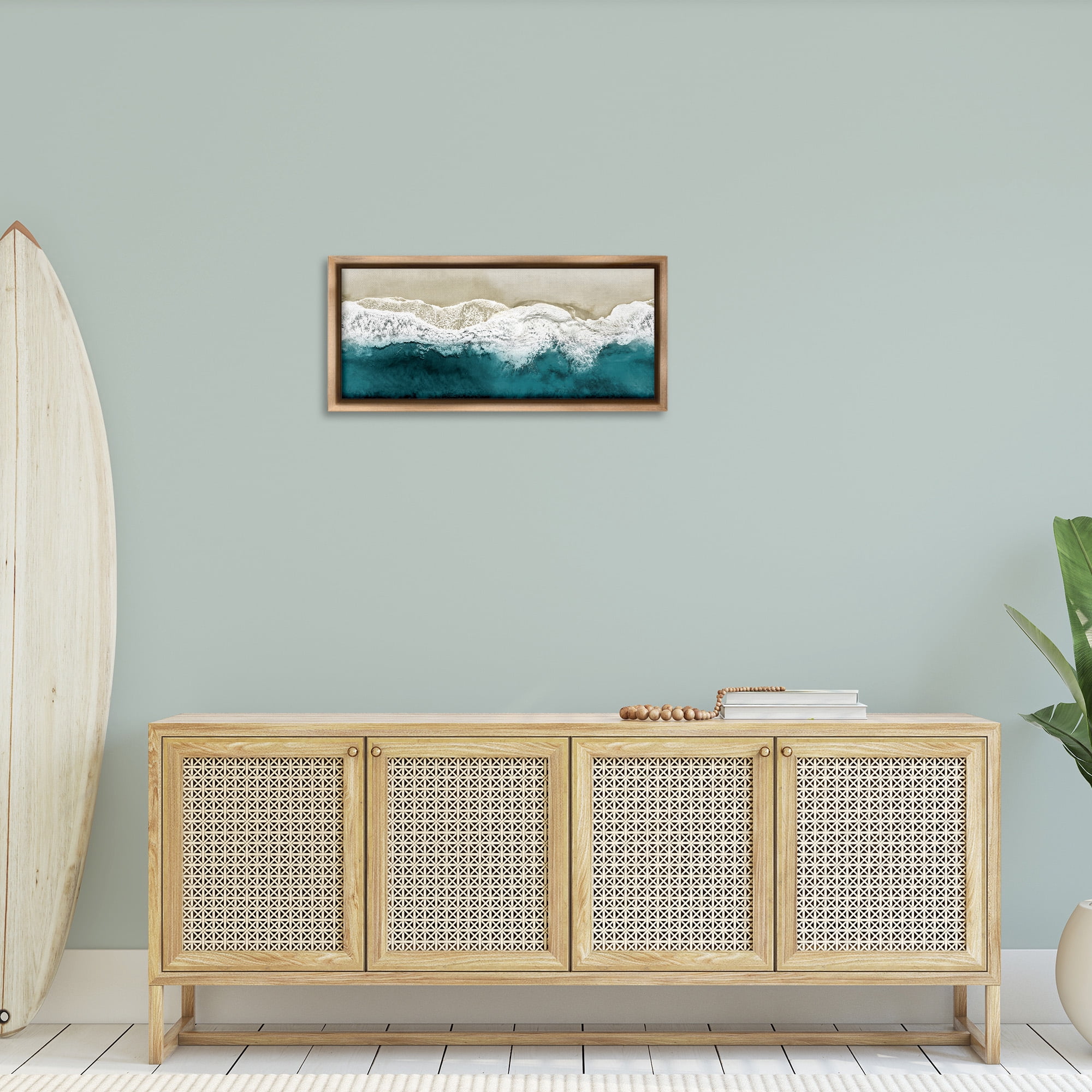 Stupell Industries Foamy Beach Coast Deep Ocean Nature Photography Brown Floater Framed Canvas Art Print Wall Art, 31 x 14