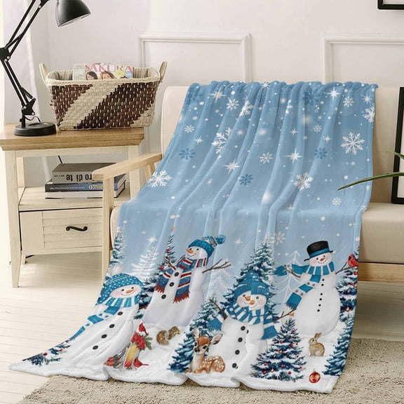 Christmas Snowman Throw Flannel Blanket 40x50In Cute Snowman Xmas Trees Snowflakes Sky Blue Super Soft Cozy Bed Blanket, Lightweight Plush Fuzzy Bed Throw for Bedroom Sofa Couch Living Room