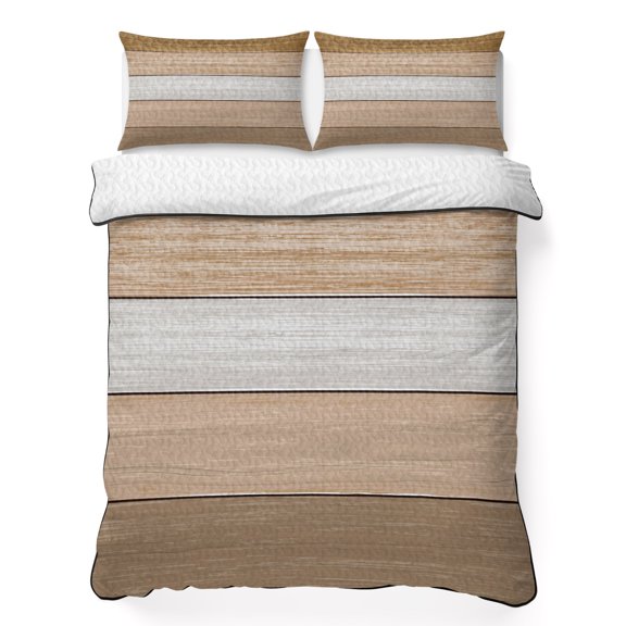 Twin XL Quilt Set, Retro Farm Wood Board Lightweight Quilt Sets Summer Comforter Coverlets with 2 Pillow Shams, Brown Graduality Striped Breathable 3 Piece Bedding Set for All Seasons