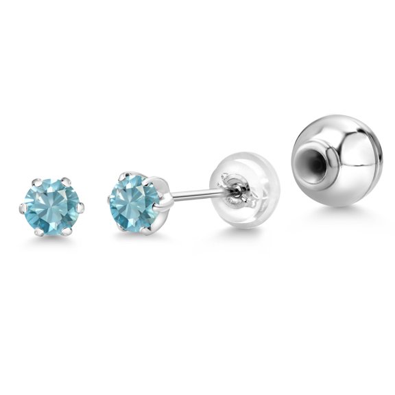Gem Stone King Platinum Blue Zircon Stud Earrings for Women Men (1.00 Cttw, Gemstone December Birthstone, Round 4MM)