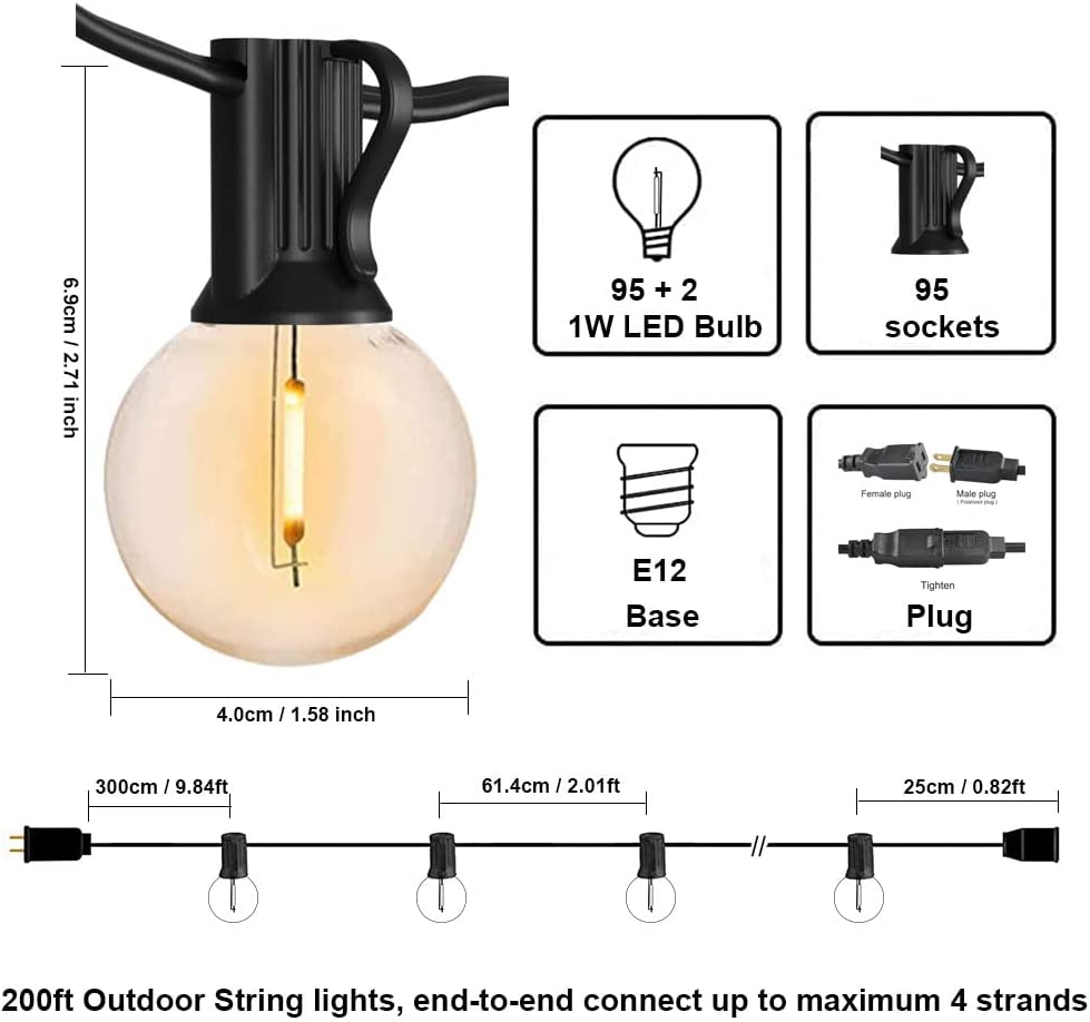 Outdoor String Lights LED 300FT Pack of 100 Feet, 150pcs E12 Sockets  with 156pcs G40 1W Dimmable Globe Plastic Bulbs Shatterproof LED Outdoor  String Lights for Outside, Patio, Backyard, Outdoors