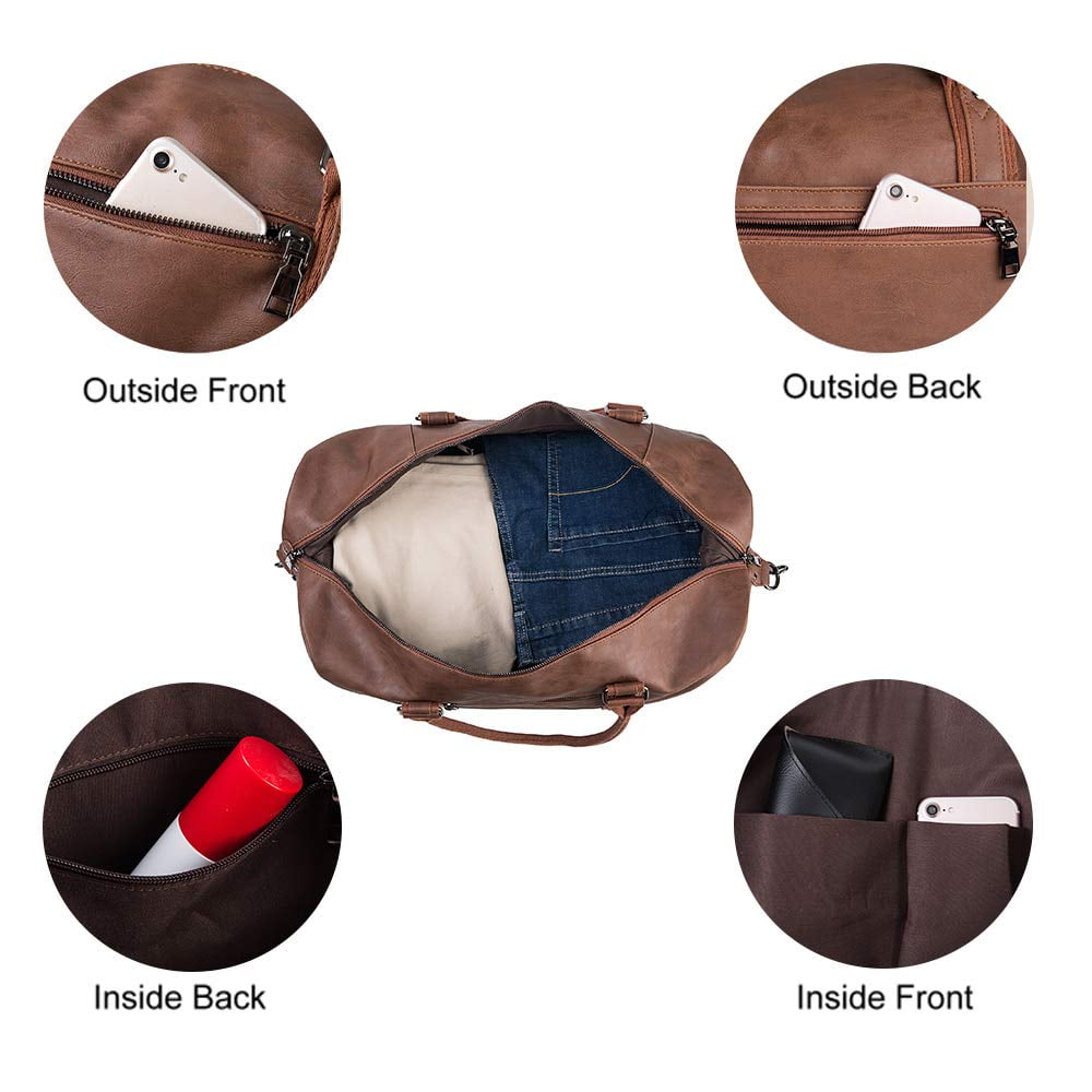 Travel Duffel Bag with Shoe Pouch Large Carry on Bag PU Leather Waterproof Weekender Overnight Bag for Men Women Brown