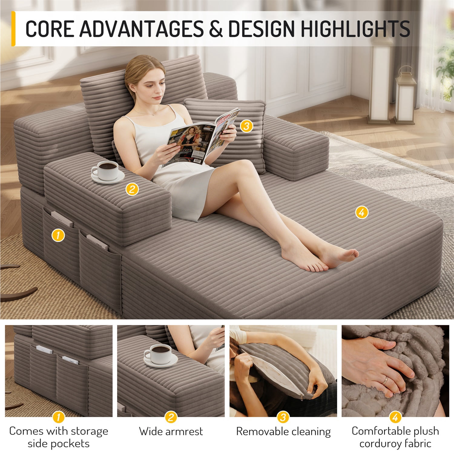 Hommoo Luxurious Plush Corduroy Chaise Lounge with 3 Pillows & Storage Pocket, Convertible Sofa Couch Bed Sleeper with Frameless Design & Compression Foam, Coffee