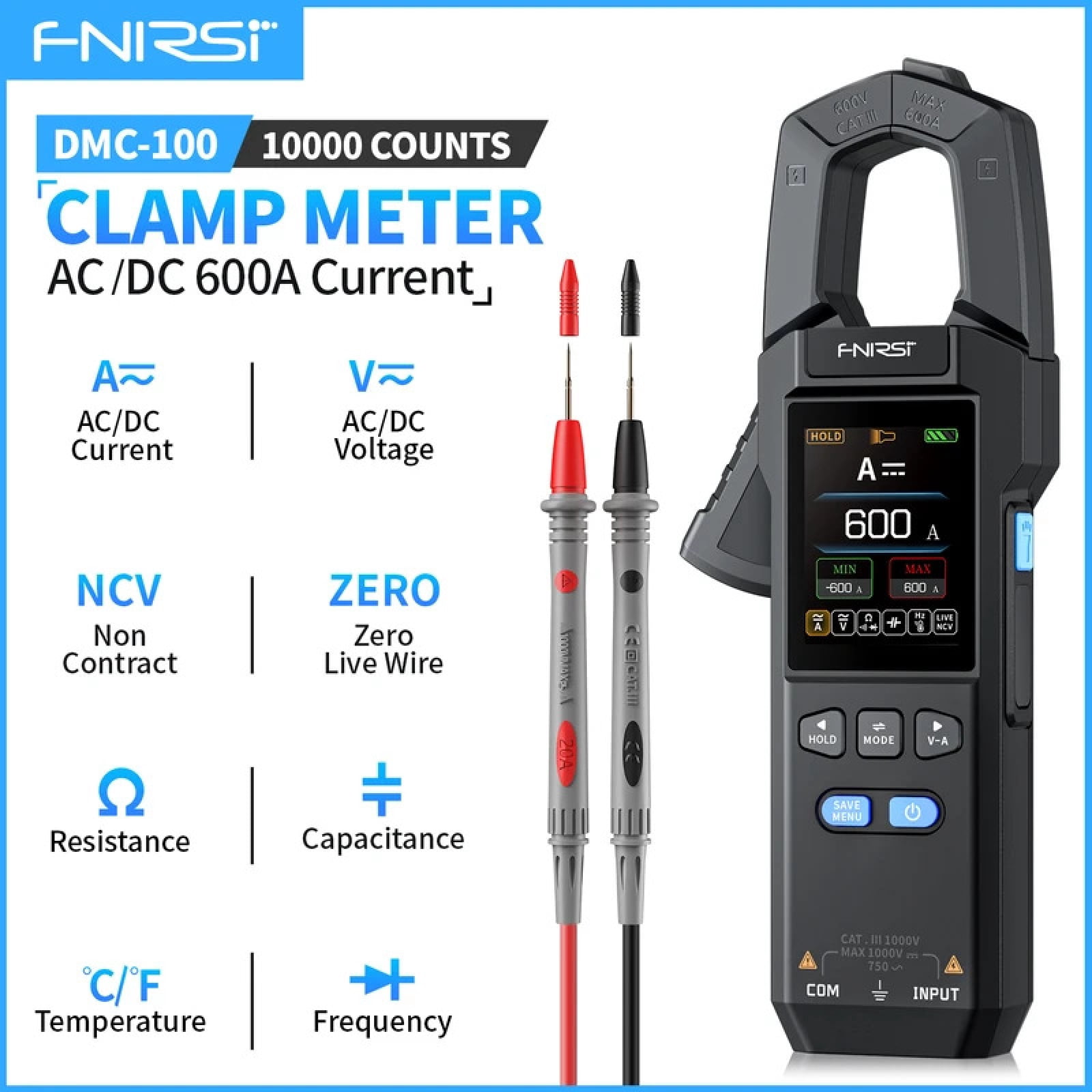 FNIRSI DMC-100 AC/DC Clamp Meter Digital Multimeter, 10000 Counts, True RMS, Power Calculation, NCV Detection, Waveform Display