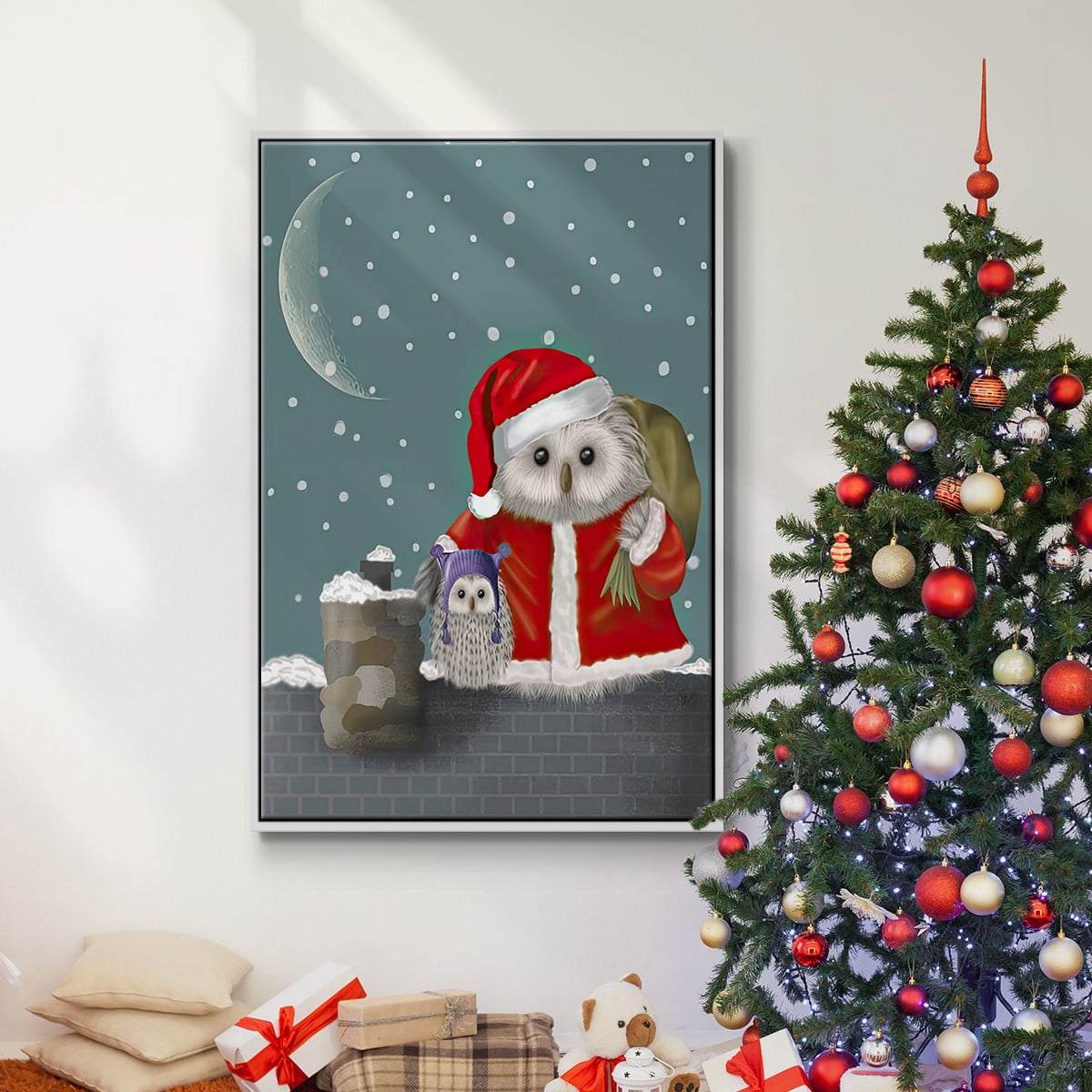 Christmas Santa Owl - Framed Gallery Wrapped Holiday Canvas - 17 x 25 - White Frame