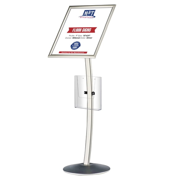 M&T Displays Curved Menu Board, 18x24 Inch Pedestal Sign Holder with 8.5x11 Inch Brochure Holder Silver Floor Standing Aluminum Front Loading Easy Open Poster Message Advertisement Post