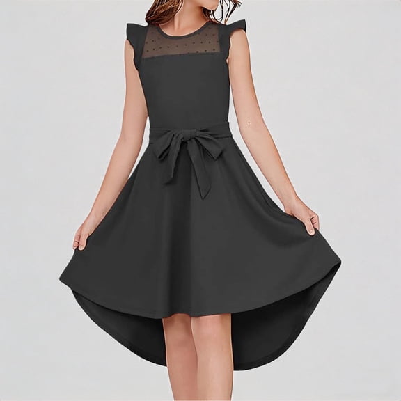 REDARER Girls' High-Low Hem Dress with Dot Mesh Yoke, Flutter Sleeves & Tie Stylish Casual & Party Kids Outfit,9-10 Years
